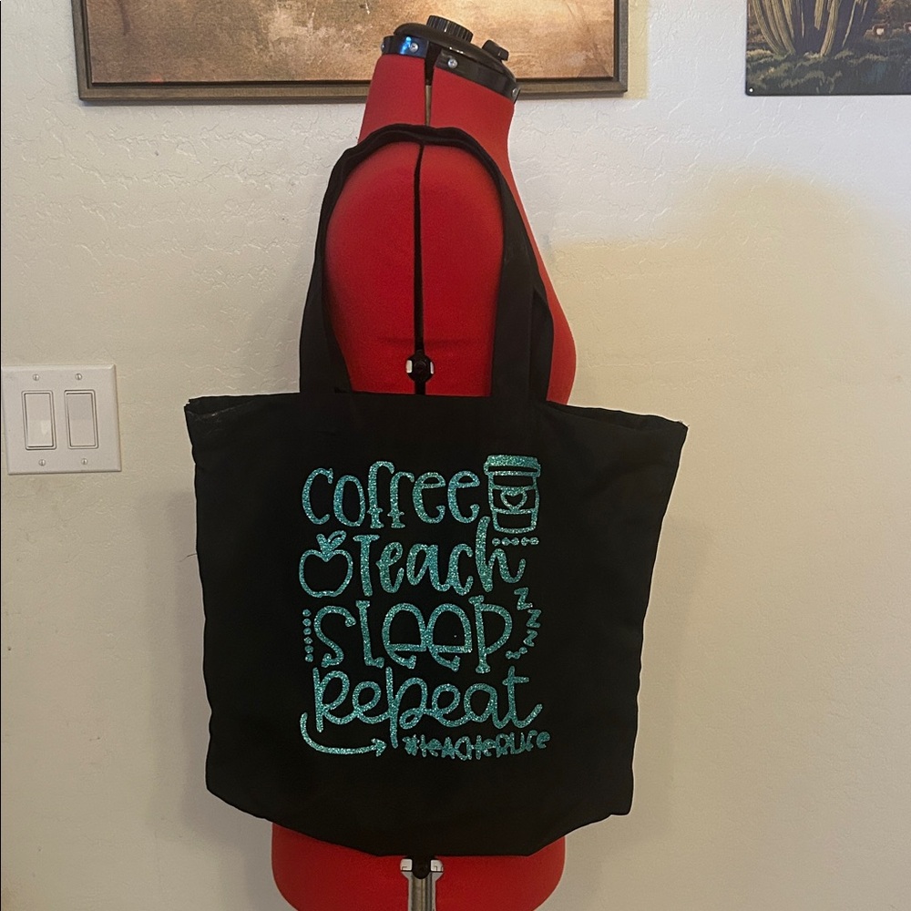 Black Tote Bag with Teal teacher Graphic